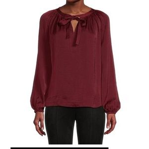 Gibson Latimer Moonshadow Satin Tie Front Split Round Neck Peasant Sleeve Top